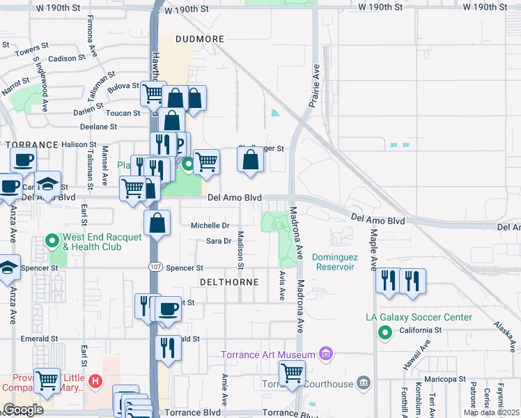 map of restaurants, bars, coffee shops, grocery stores, and more near 3512 Del Amo Boulevard in Torrance