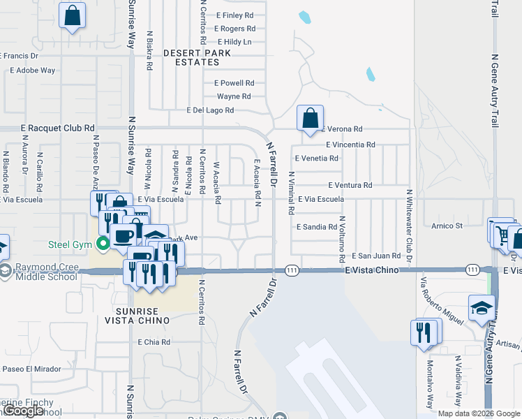 map of restaurants, bars, coffee shops, grocery stores, and more near 2010 Acacia Road East in Palm Springs