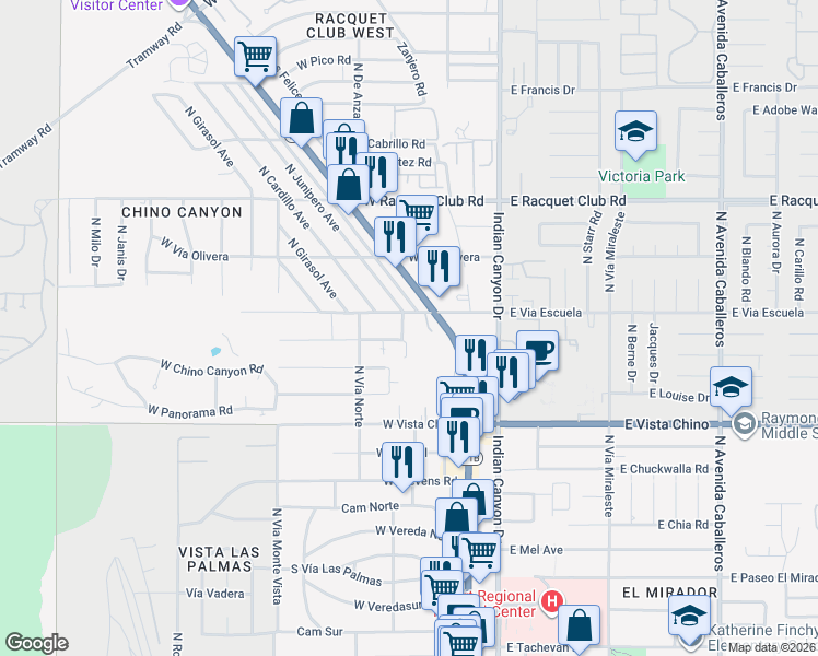 map of restaurants, bars, coffee shops, grocery stores, and more near 2045 Tangerine Court in Palm Springs