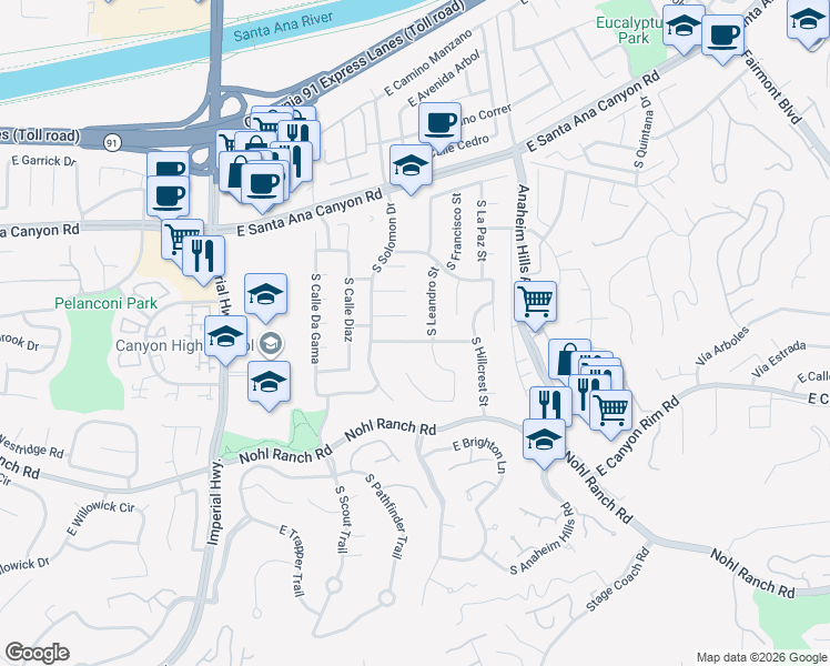 map of restaurants, bars, coffee shops, grocery stores, and more near 5926 East Tiber Drive in Anaheim