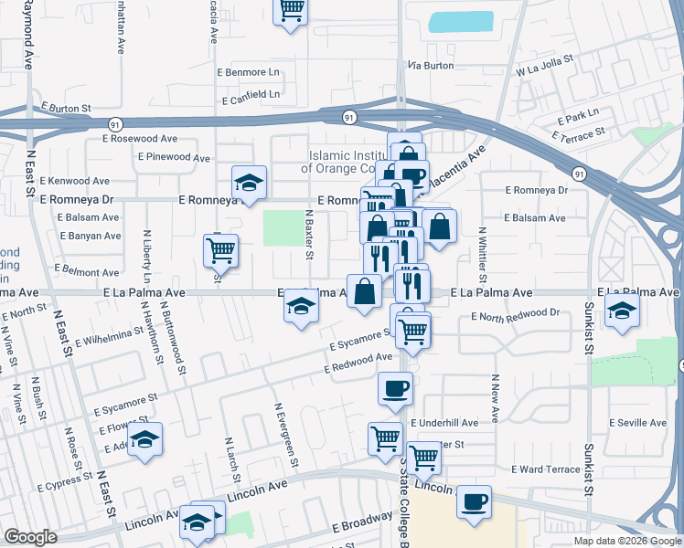 map of restaurants, bars, coffee shops, grocery stores, and more near 1734 East Belmont Avenue in Anaheim