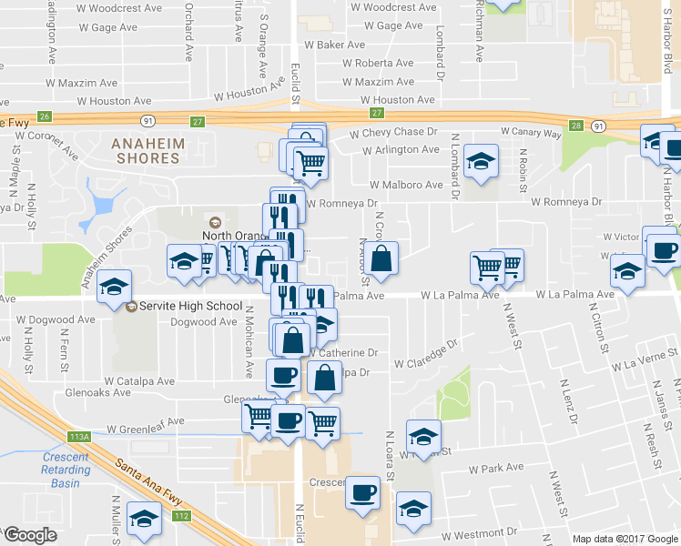 map of restaurants, bars, coffee shops, grocery stores, and more near 1507 West La Palma Avenue in Anaheim