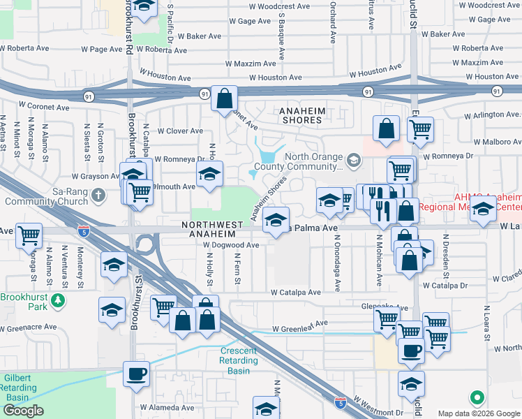 map of restaurants, bars, coffee shops, grocery stores, and more near 1829 West Falmouth Avenue in Anaheim