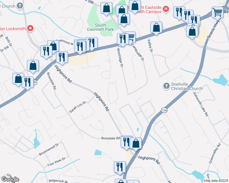 map of restaurants, bars, coffee shops, grocery stores, and more near 2891 Spruce Circle in Snellville