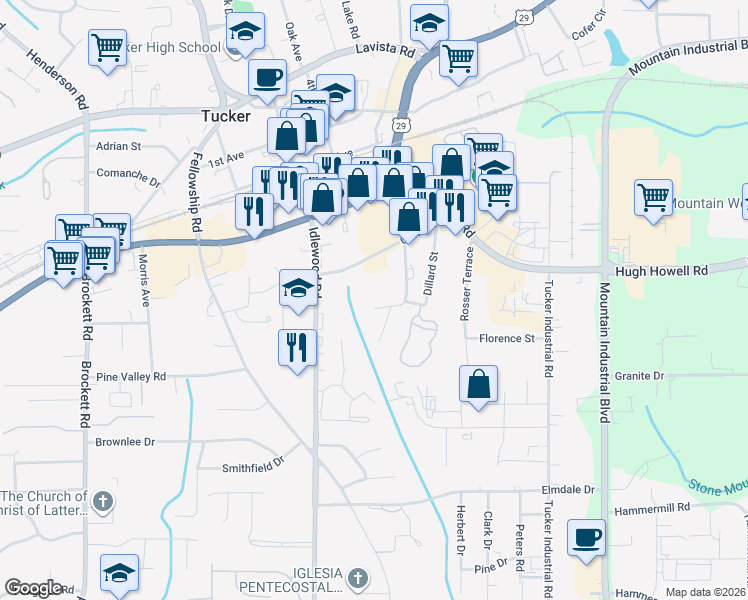 map of restaurants, bars, coffee shops, grocery stores, and more near 4340 Hanfred Lane in Tucker