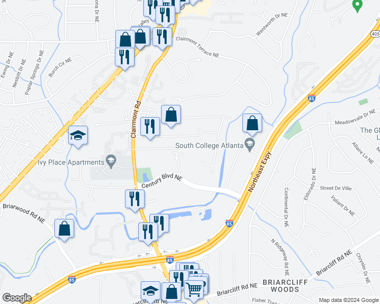 map of restaurants, bars, coffee shops, grocery stores, and more near 1933 Radar Road Northeast in Atlanta
