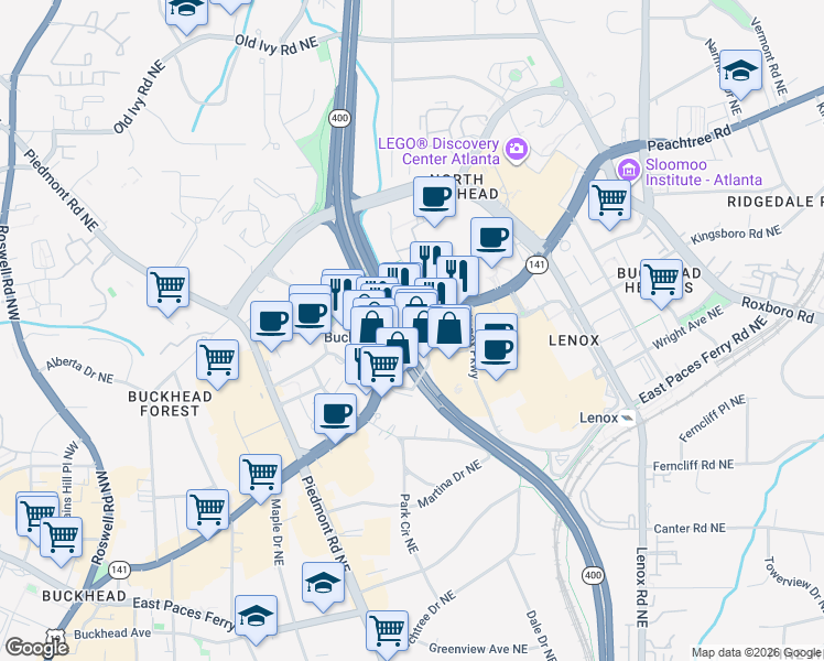 map of restaurants, bars, coffee shops, grocery stores, and more near 871 Peachtree Road Northeast in Atlanta