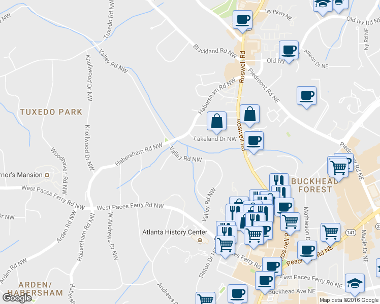 map of restaurants, bars, coffee shops, grocery stores, and more near 3463 Valley Road Northwest in Atlanta