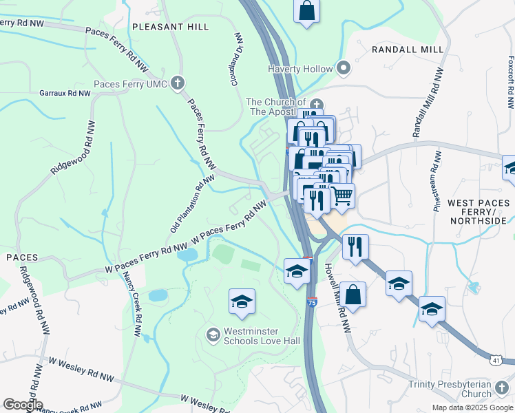 map of restaurants, bars, coffee shops, grocery stores, and more near 1424 West Paces Ferry Road Northwest in Atlanta