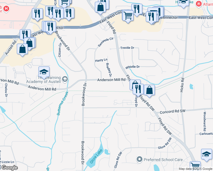 map of restaurants, bars, coffee shops, grocery stores, and more near 1213 Anderson Mill Road in Austell