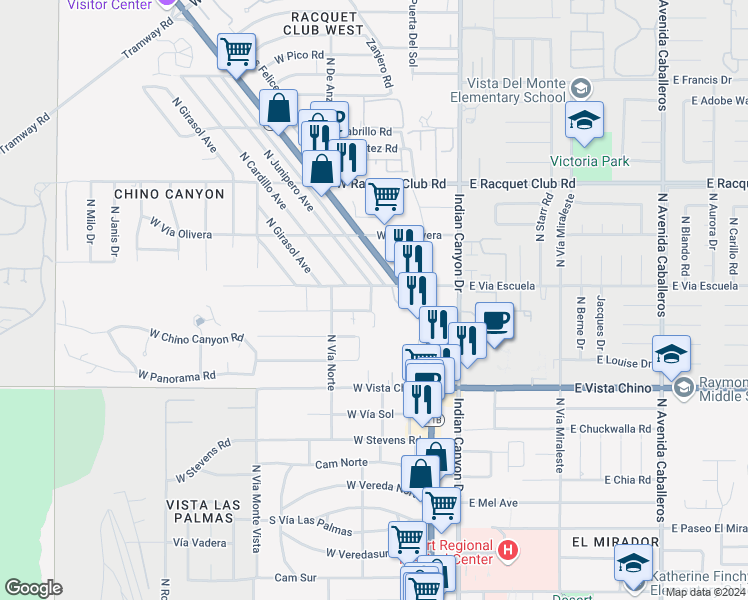 map of restaurants, bars, coffee shops, grocery stores, and more near 2076 North Mira Vista Way in Palm Springs