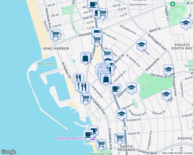 map of restaurants, bars, coffee shops, grocery stores, and more near 502 North Elena Avenue in Redondo Beach