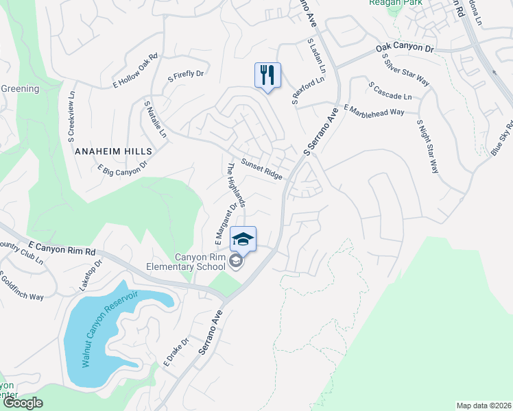 map of restaurants, bars, coffee shops, grocery stores, and more near 7870 East Viewmount Court in Anaheim