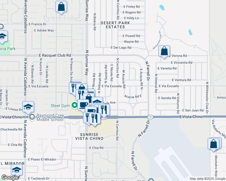 map of restaurants, bars, coffee shops, grocery stores, and more near 2070 East Nicola Road in Palm Springs