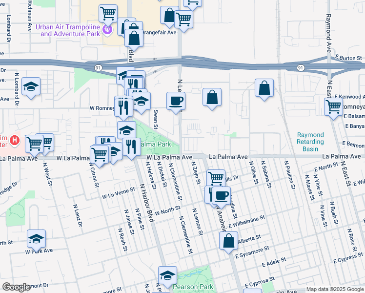 map of restaurants, bars, coffee shops, grocery stores, and more near 1042 North Anaheim Boulevard in Anaheim