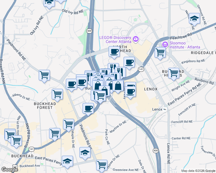 map of restaurants, bars, coffee shops, grocery stores, and more near 871 Peachtree Road Northeast in Atlanta