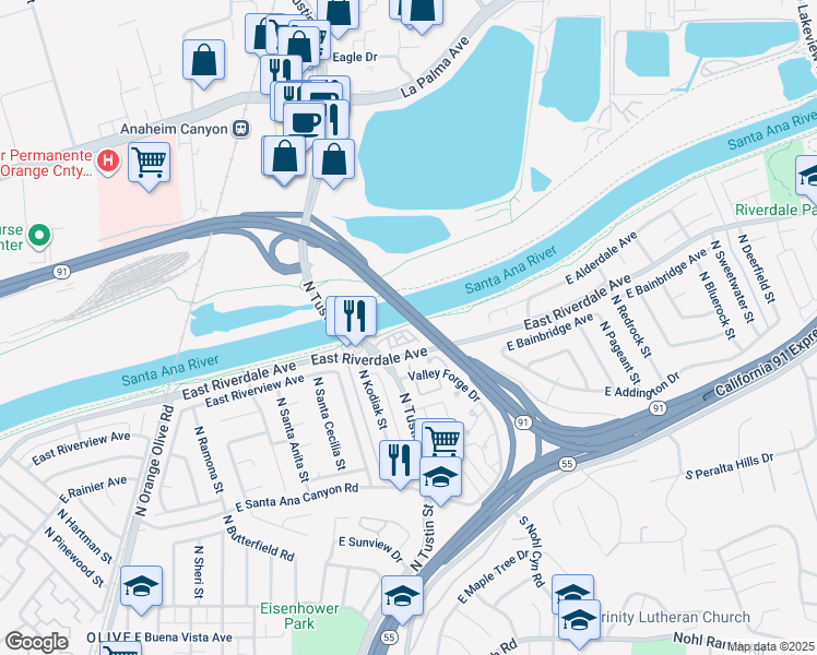 map of restaurants, bars, coffee shops, grocery stores, and more near 4000 East Riverdale Avenue in Anaheim