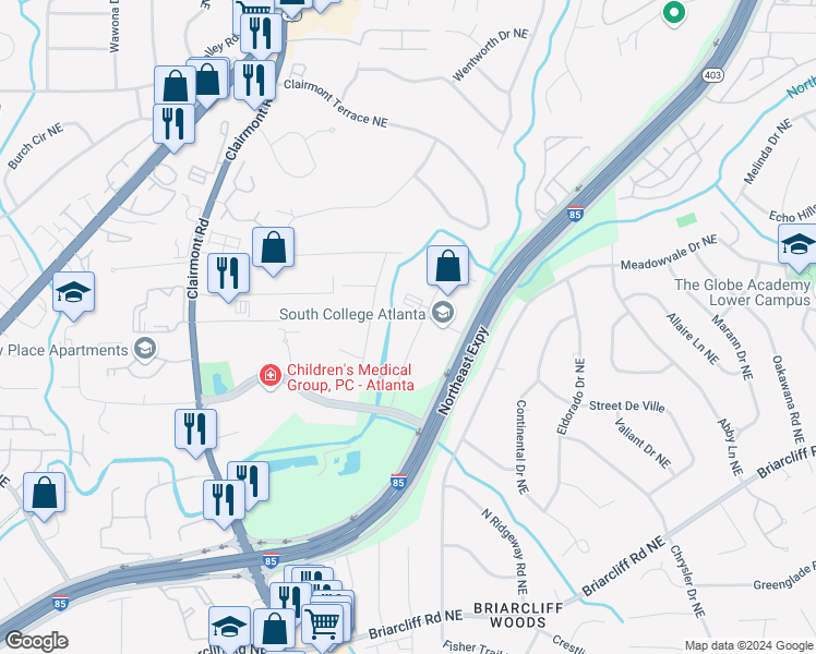 map of restaurants, bars, coffee shops, grocery stores, and more near 2500 Century Parkway Northeast in Atlanta