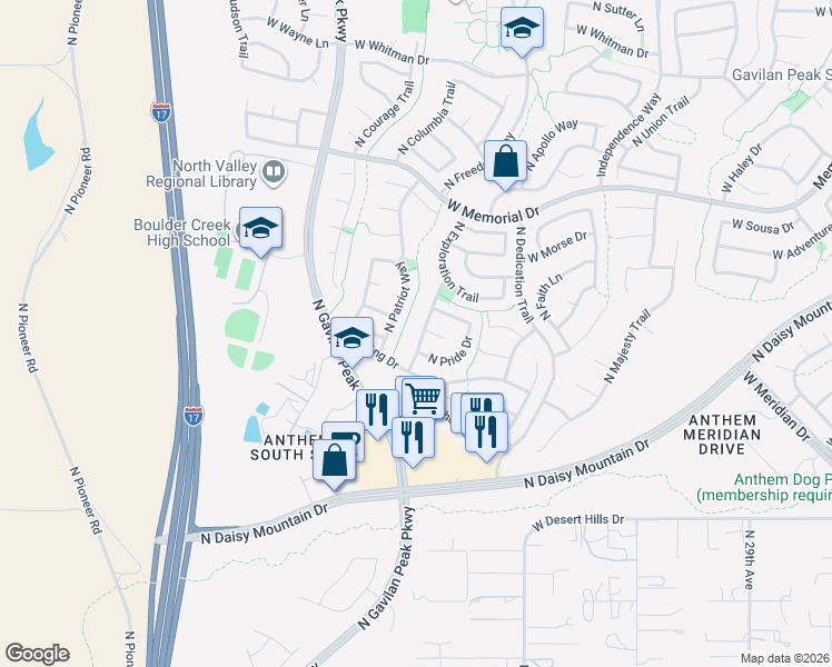 map of restaurants, bars, coffee shops, grocery stores, and more near 40020 North Integrity Trail in New River