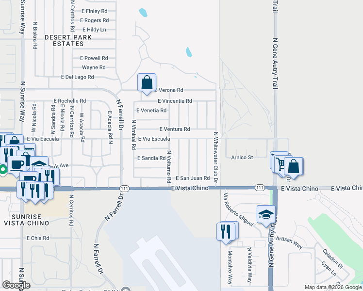 map of restaurants, bars, coffee shops, grocery stores, and more near 2080 North San Gorgonio Road in Palm Springs