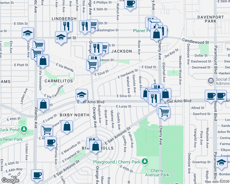 map of restaurants, bars, coffee shops, grocery stores, and more near 5011 Gundry Avenue in Long Beach