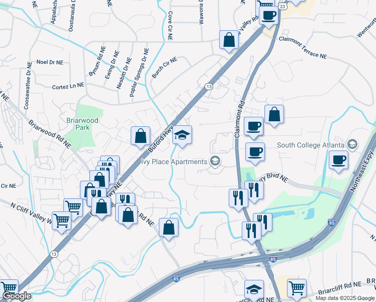 map of restaurants, bars, coffee shops, grocery stores, and more near 1680 Clairmont Place Northeast in Atlanta