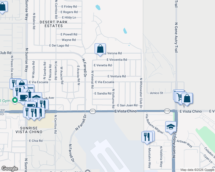 map of restaurants, bars, coffee shops, grocery stores, and more near 2852 East San Angelo Road in Palm Springs