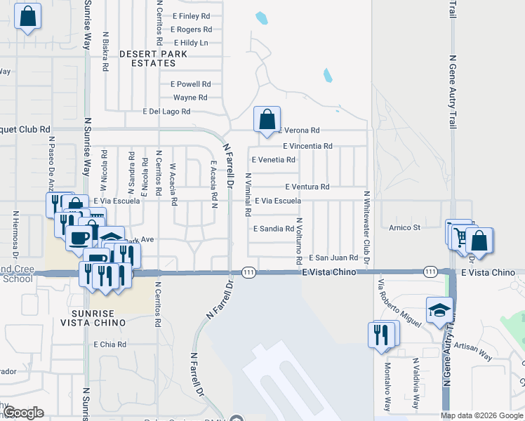 map of restaurants, bars, coffee shops, grocery stores, and more near 2760 East San Angelo Road in Palm Springs