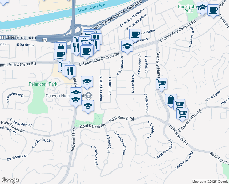 map of restaurants, bars, coffee shops, grocery stores, and more near 241 South Solomon Drive in Anaheim