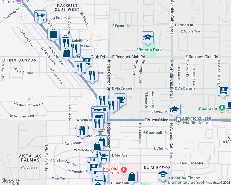 map of restaurants, bars, coffee shops, grocery stores, and more near 205 The Riv in Palm Springs