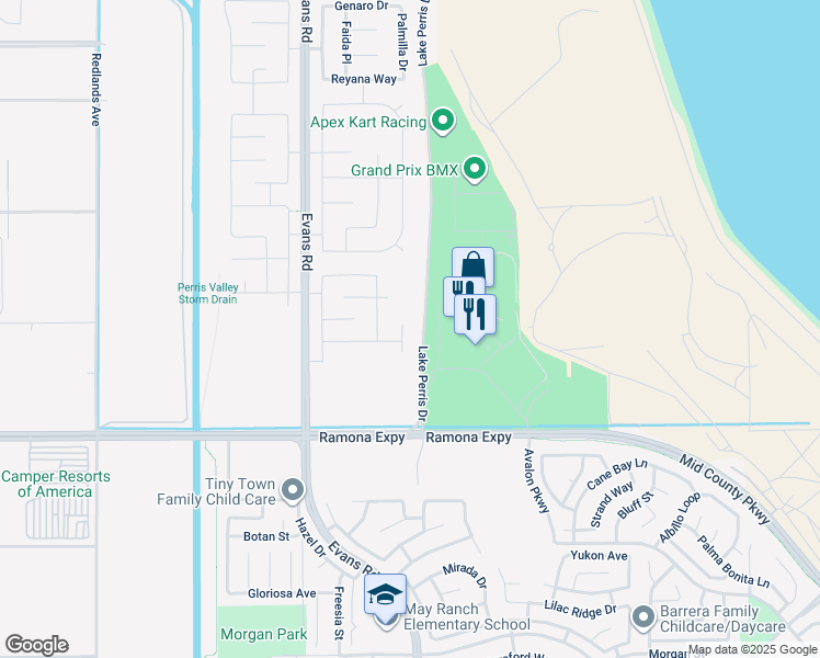 map of restaurants, bars, coffee shops, grocery stores, and more near 4473 Hickory Court in Perris