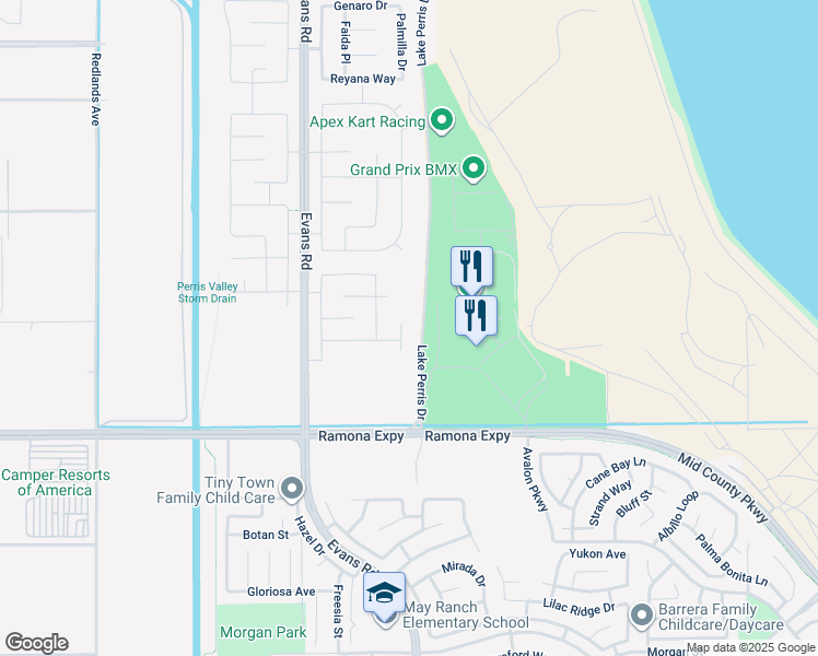 map of restaurants, bars, coffee shops, grocery stores, and more near 4473 Hickory Court in Perris