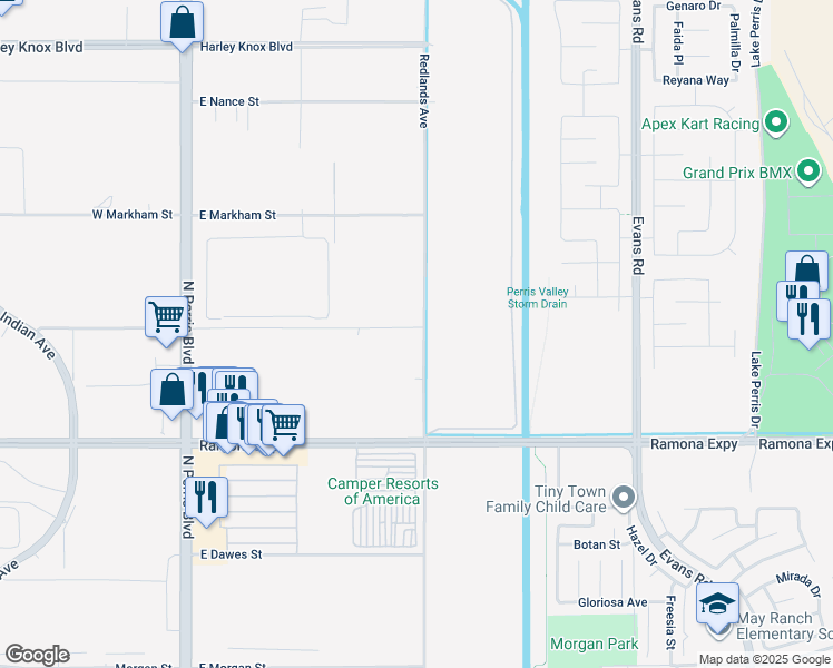 map of restaurants, bars, coffee shops, grocery stores, and more near 353 Perry Street in Perris