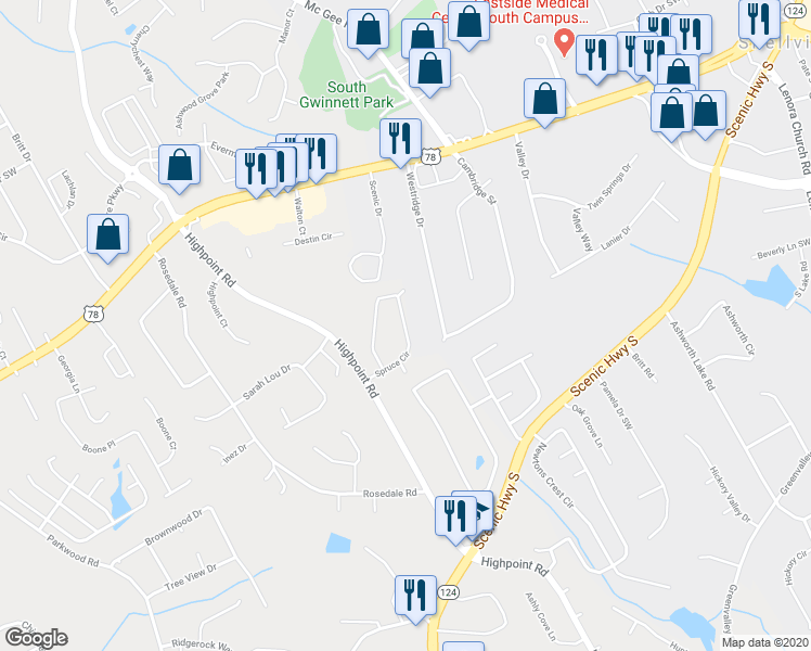 map of restaurants, bars, coffee shops, grocery stores, and more near 3024 Spruce Circle in Snellville