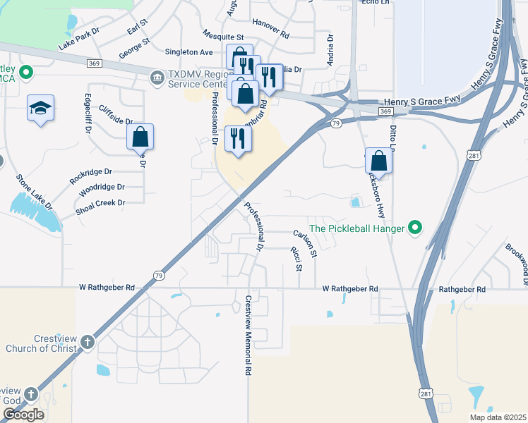 map of restaurants, bars, coffee shops, grocery stores, and more near 5403 Flo Drive in Wichita Falls
