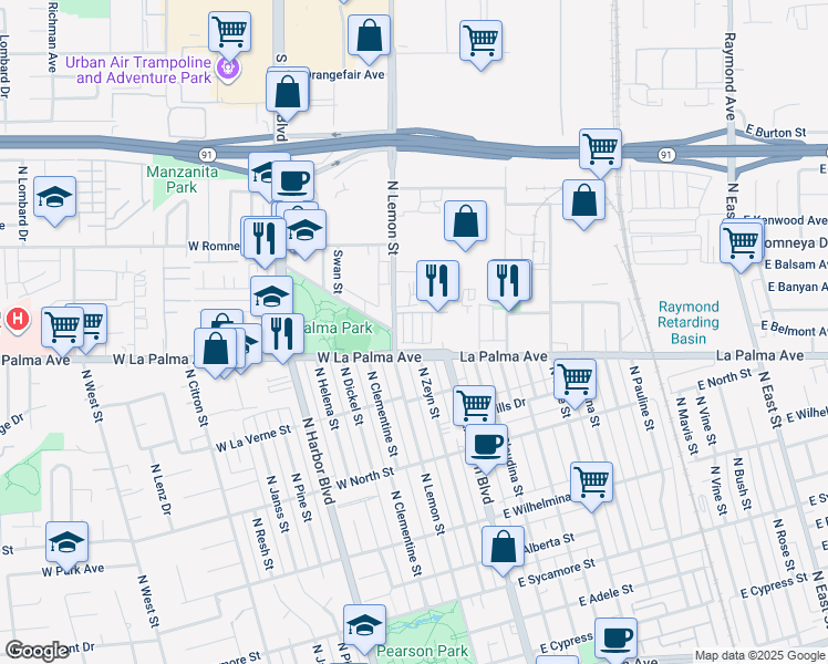 map of restaurants, bars, coffee shops, grocery stores, and more near 1050 North Anaheim Boulevard in Anaheim
