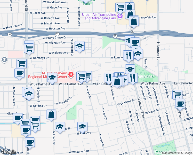 map of restaurants, bars, coffee shops, grocery stores, and more near 925 West La Palma Avenue in Anaheim