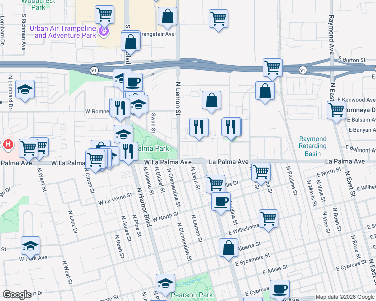 map of restaurants, bars, coffee shops, grocery stores, and more near 1060 North Anaheim Boulevard in Anaheim