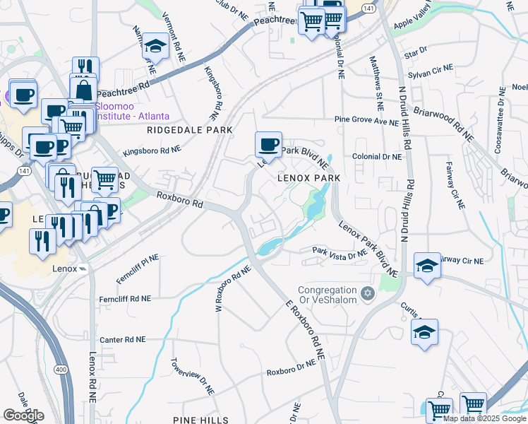 map of restaurants, bars, coffee shops, grocery stores, and more near 100 Lenox Park Circle Northeast in Brookhaven