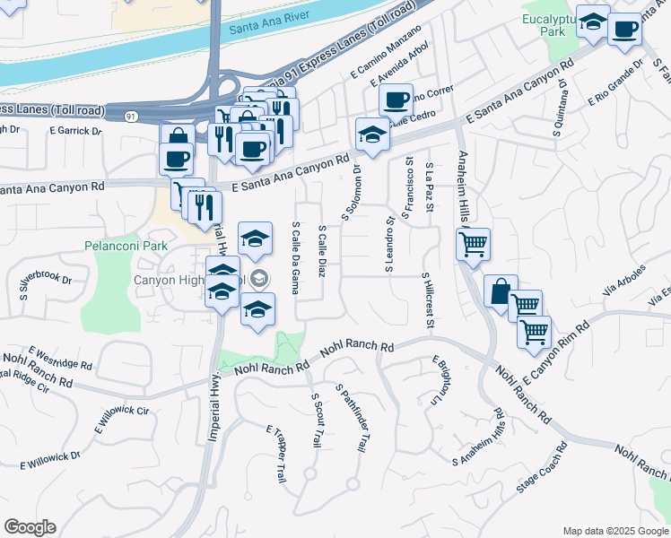 map of restaurants, bars, coffee shops, grocery stores, and more near 241 South Solomon Drive in Anaheim