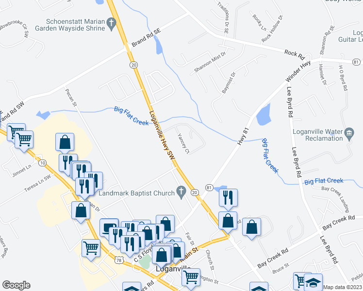 map of restaurants, bars, coffee shops, grocery stores, and more near 975 Yancey Court in Loganville