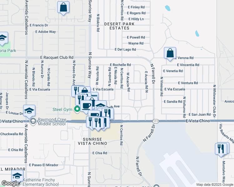 map of restaurants, bars, coffee shops, grocery stores, and more near 2070 East Nicola Road in Palm Springs