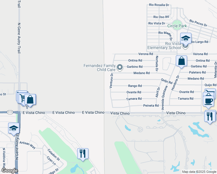 map of restaurants, bars, coffee shops, grocery stores, and more near 27525 Ventura Drive in Cathedral City