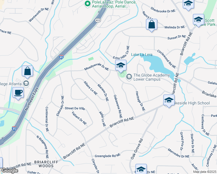 map of restaurants, bars, coffee shops, grocery stores, and more near 2198 Oakawana Road Northeast in Atlanta