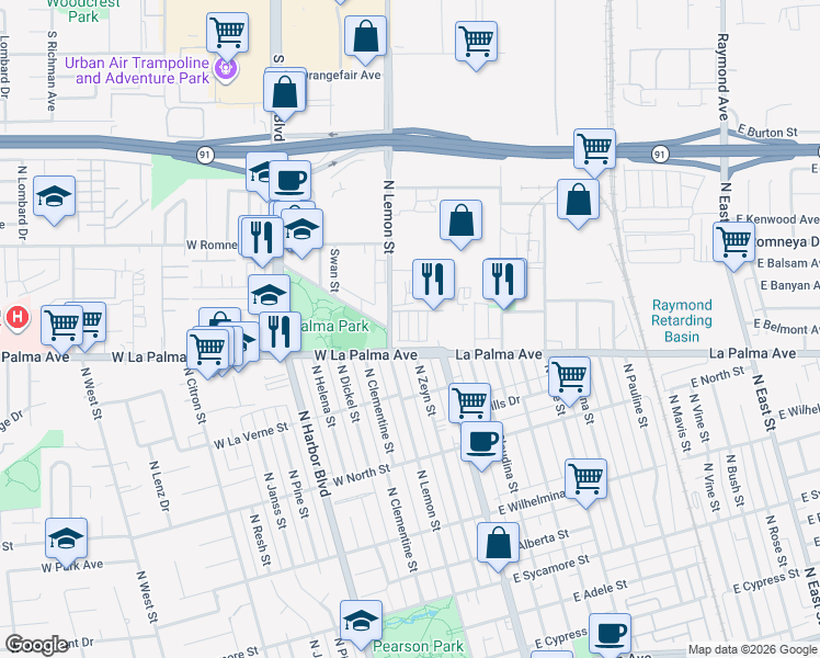 map of restaurants, bars, coffee shops, grocery stores, and more near 1074 North Anaheim Boulevard in Anaheim