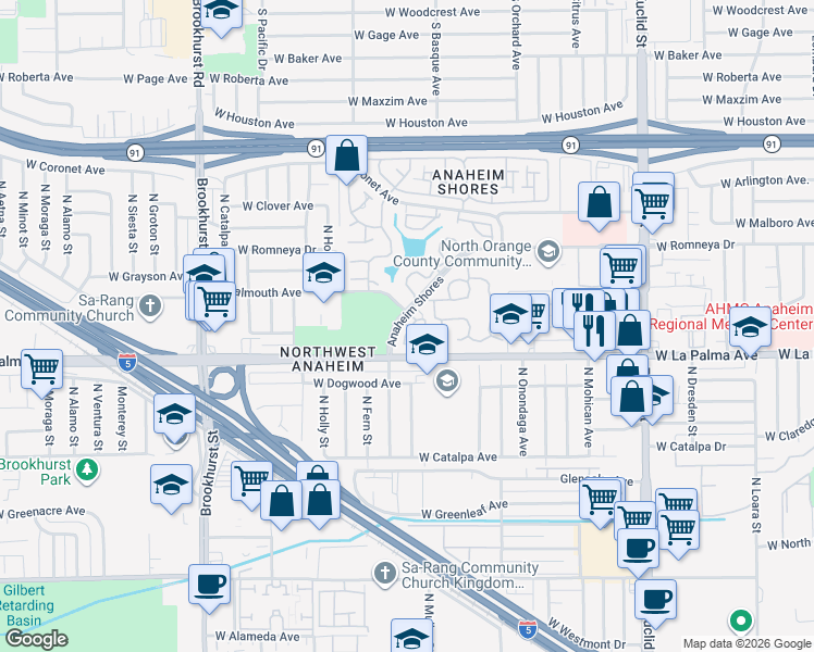 map of restaurants, bars, coffee shops, grocery stores, and more near 1866 West Falmouth Avenue in Anaheim