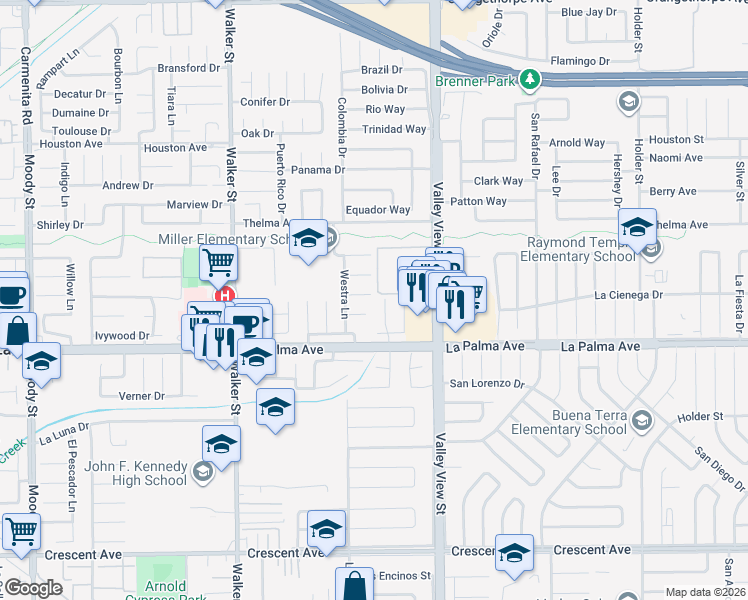 map of restaurants, bars, coffee shops, grocery stores, and more near 5842 Shasta Circle in La Palma