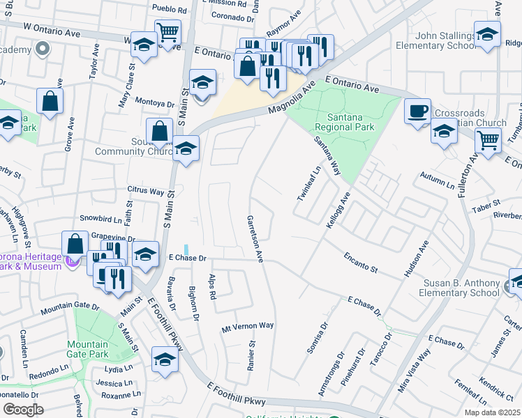 map of restaurants, bars, coffee shops, grocery stores, and more near 620 Jillian Ashley Way in Corona