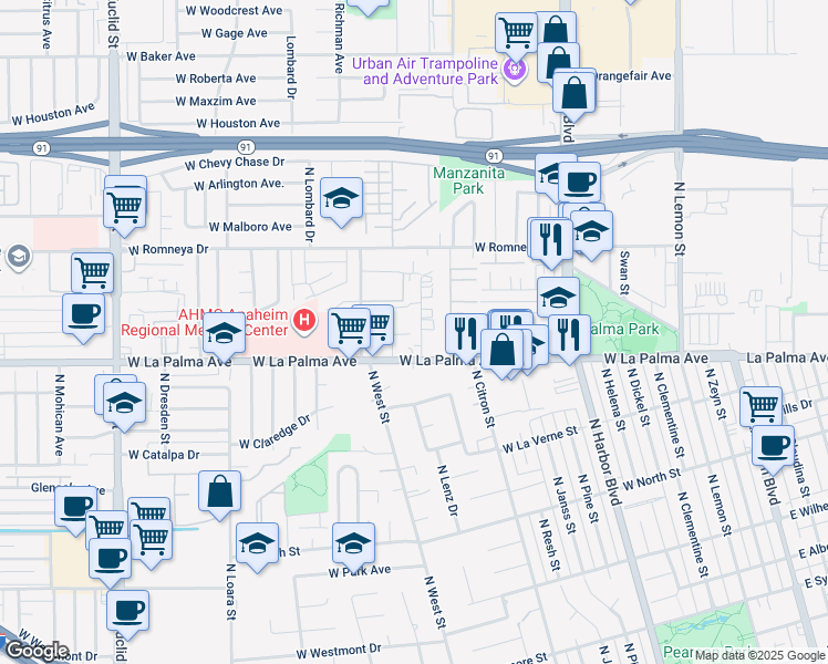 map of restaurants, bars, coffee shops, grocery stores, and more near 1125 North Mayfair Avenue in Anaheim