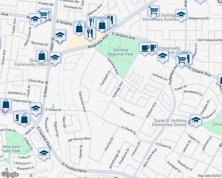 map of restaurants, bars, coffee shops, grocery stores, and more near 2719 Toumey Lane in Corona